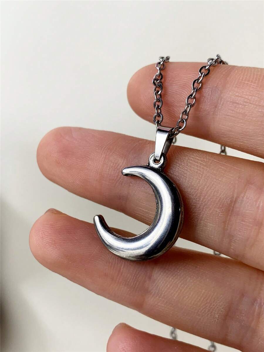 1pc Silver Stainless Steel Moon Pendant Necklace, Suitable For Daily Wear, Unisex Necklace, Minimalist Fashion, Unique Design, Hip Hop Punk Geometric Collarbone Chain, Fade-Resistant