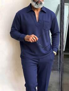Setelan Pria Ukuran Besar, Atasan Lengan Panjang dan Celana Warna Polos Musim Gugur, Pakaian Kasual Pria Ukuran Besar - Navy Blue - View 4