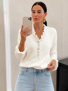Small Size Women's Autumn/Winter Fashion Solid Color Elegant Comfortable Long Sleeve Mushroom Button V-Neck Sweater - White - View 9