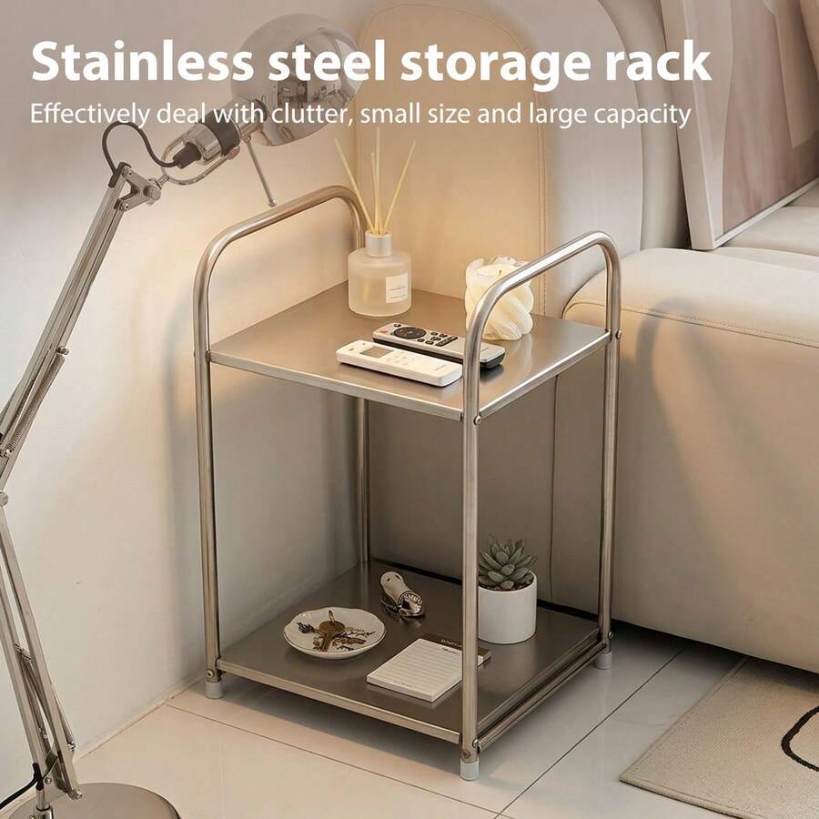 Modern Stainless Steel Storage Rack, No Assembly Required Open Bedside Table With Storage Space, Space-Saving Multi-Functional Home Organizer, No Power Needed, Suitable For Sofa Side And Kitchen Practical Storage Rack