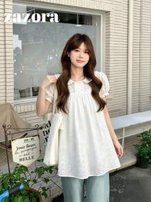 甜美彼得潘領鏤空刺繡內裡短袖女版襯衫 夏季服飾 白色 - 白色 - 查看 7