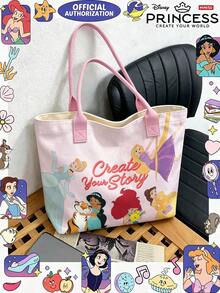 Miniso Disney Princess Canvas Tote Bag With Light Pink Multi-Princess & "Create Your Story" Print Shoulder Bag With Handles For Daily Use - Pink - View 4