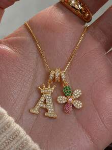 1pc Personalized Crown Letter & Colorful Flower Necklace Customized Alphabet Choker Kids Jewelry For Family Friends Birthday Gift For Girls Daily Wear - Gold - View 2