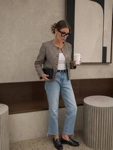 Women Fall Elegant Brown Houndstooth Collarless Button Up Long Sleeve Short Jacket For Office Going Out Vacation - Multicolor - View 4