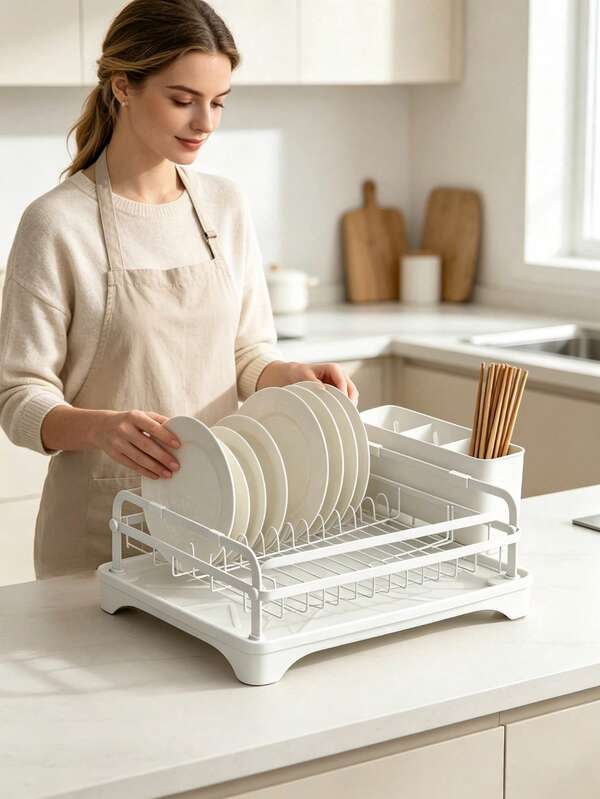 Kitchen Dish Drying Rack, With Water‑Collecting Base, Comes With Divided Cutlery Storage Box, Multi‑Layer Drying Design, Suitable For Kitchen Countertop, Dish Drying, Tableware Storage, Kitchen Organization