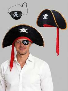 1/2/6pcs Halloween Sailor Pirate Eye Patch And Pirate Hat, Skull Print Pirate Captain Costume Accessories, Pirate Party Hat, Suitable For Various Parties, Performances, Costume Parties - Multicolor - View 1