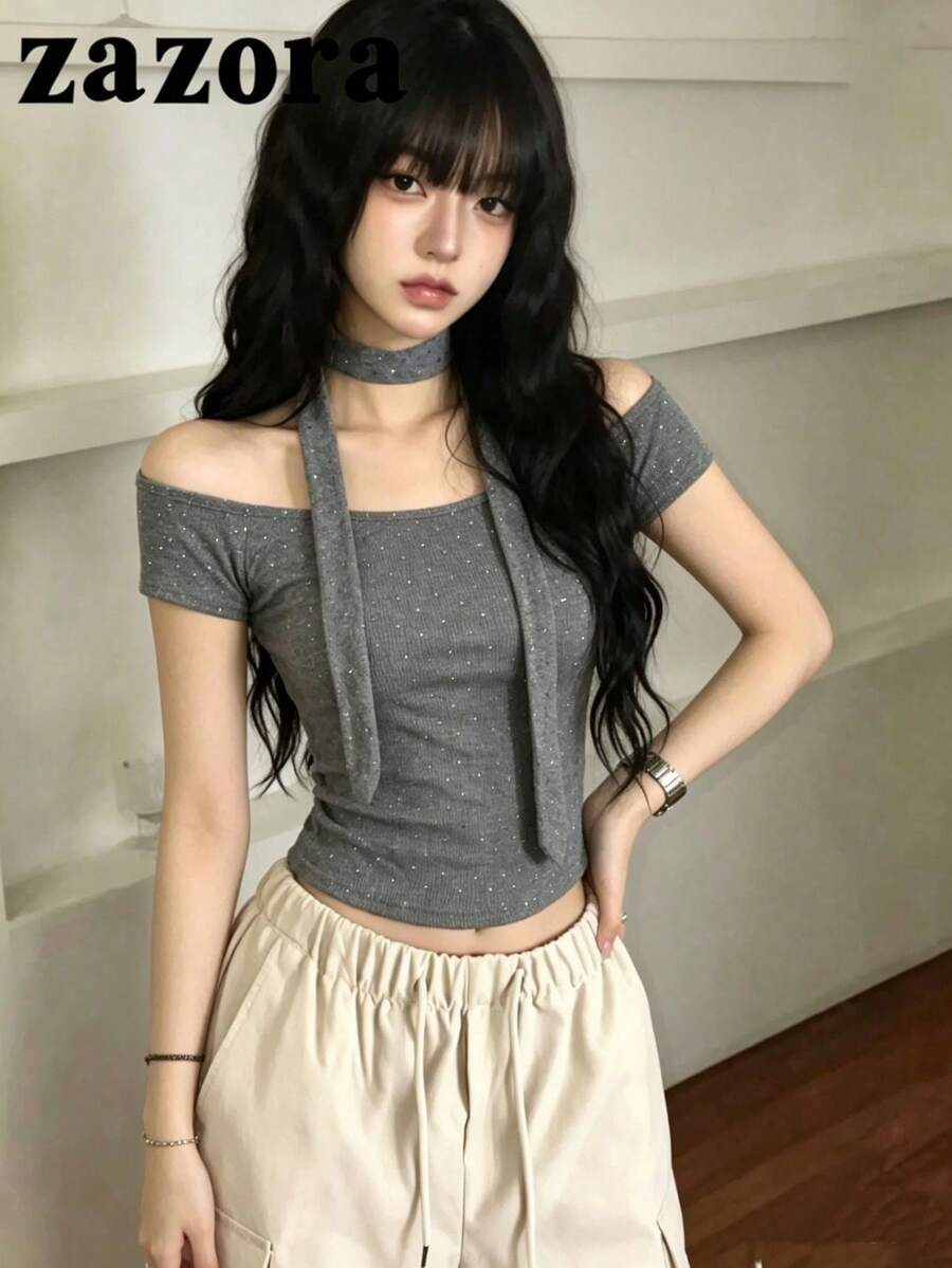 復古辣妹顯鎖骨水鑽裝飾修身女款夏季性感極簡風短版上衣(非印花,為水鑽工藝) - 深灰色 - 查看 1