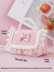1pc Mini Kids Handbag With Pearl Lace And Bow Decor Flap Closure, Fashion Chain Crossbody Bag For Girls, Snack Coin Purse, Suitable For Holidays And Daily Use - Pink - View 2