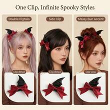 Halloween, Decoração de Halloween, Festa, Presilhas de Cabelo com Laço de Asa de Morcego Diabo Gótico, Presilhas e Grampos de Cabelo Fofos, Acessórios de Cabelo Preto e Vermelho, Ideal para Cosplay de Halloween, Festa Temática, Viagem Diária, Escola, Presentes Fofos Perfeitos para Meninas - presilha de cabelo - Visão 6