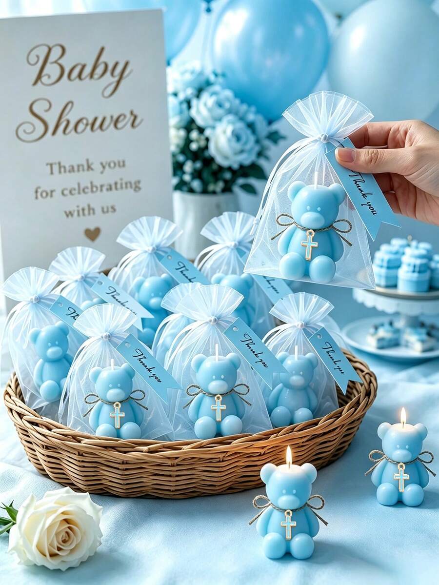 12/6/1 Set - Baptism Gift Set - Blue Teddy Bear Scented Candle Includes Blue Organza Bag And Blue Thank You Tag, DIY Fillable Gift Bag Suitable For Gender Reveal Party, Baby Shower Party Gift, Guest Favor, Christian Baptism, Communion, Church Event, Religious Gift, Ideal Party Favor - Multicolor - View 1