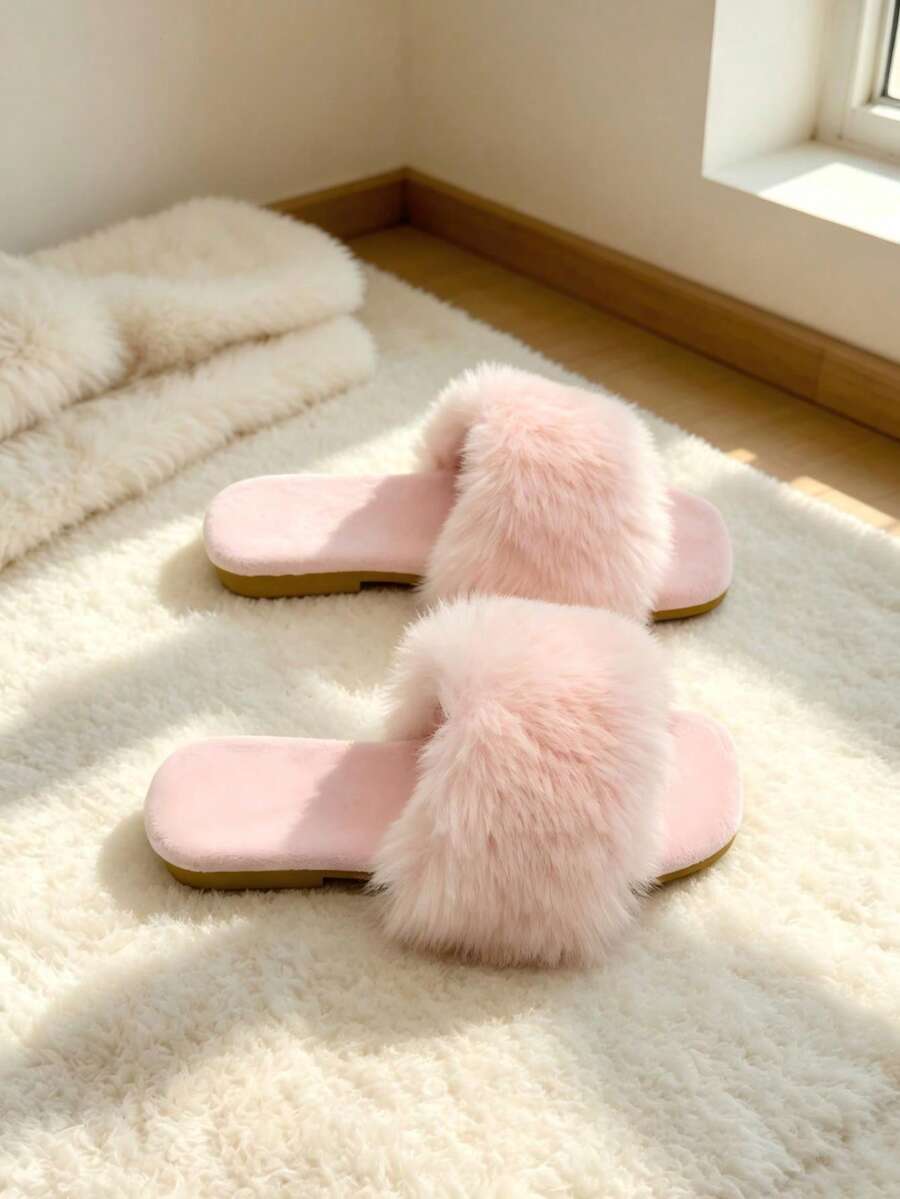 Kids Fashion Fuzzy Slippers, Autumn/Winter Home Fuzzy Slippers, Minimalist Design, Comfortable And Warm - Baby Pink - View 1