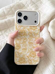 1pc Vintage Gold Vine Floral Full Print Faux Leather Texture Phone Case, Personalized Minimalist Full Coverage TPU Shockproof Protective Case For Samsung Series 18 18pro 18promax 17 17pro 17promax 17 16 15 14 Air - Gold - View 1