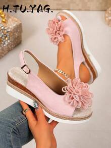 Casual Commute Floral Wedge Sandals For Women, Woven Rope Ankle Strap Open Toe Platform Slides - Pink - View 2
