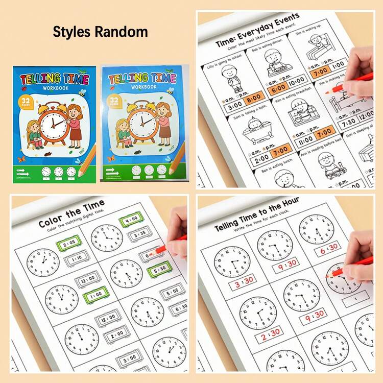 1Pc 32P Telling Time Practice Book Learn To Tell Time Clock Reading A.M. P.M. Daily Routine Time Matching Activity For Preschool Kindergarten Classroom Supplies Halloween Decor Christmas Gift All Styles Shipped Randomly - Multicolor - View 9