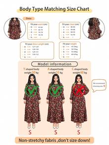 Gaun Panjang Wanita Motif Bunga Musim Gugur, Lengan Panjang, Leher Berlubang, Hem Bergelombang, Model A-Line, Gaun Maxi - MultiWarna - View 3