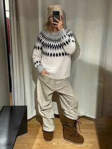 Nordic Relaxed Style Fair Isle Vintage Jacquard Knit Sweater Women's Loose Long Sleeve Pullover Crew Neck Dropped Shoulder Radial Jacquard Texture Soft Skin-Friendly Breathable Daily Wear Early Autumn Outfit Knit Top - White - View 10