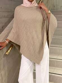 Women's Mock Neck Knitted Shawl - Apricot - View 7
