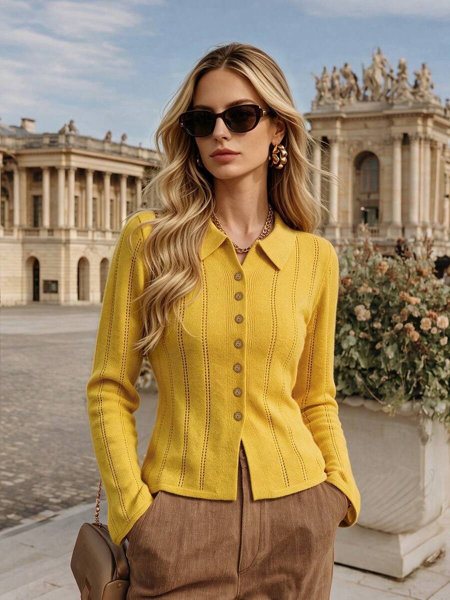 DONICY Women Elegant Outfit Autumn Winter Polo Collar Knit Cardigan, Vertical Stripe Slim Short Button Down Long Sleeve Top - Mustard Yellow - View 1