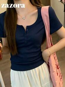 Navy Blue Thin Low Neck Short Sleeve T-Shirt Women Korean Style Fitted Cropped Top - Navy Blue - View 8