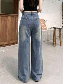 Celana Jeans Denim Vintage Rusak, Celana Panjang Model Slimming Longgar Lurus Lebar Kasual Musim Gugur - Medium Wash - View 3