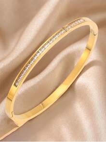 3/1pcsGold‑Tone Stainless Steel Bangle, Rhinestone‑Encrusted Panther Head Design, Bold Luxurious Vibe For Daily Styling - Gold - View 9