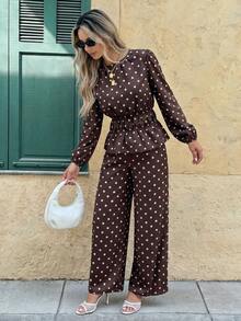 Brown Polka Dot Puff Sleeve Round Neck 2 Pieces Set, Elastic Waist Design, Includes Shirt And Wide Leg Pants, Suitable For Office, Casual And Vacation, Autumn Outfit, Halloween - Brown - View 5