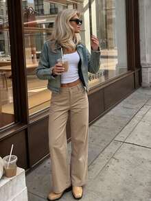 Women's Khaki High Waist Wide Leg Pants Solid Color Button Fly Casual Loose Trousers With Pockets - Khaki - View 1