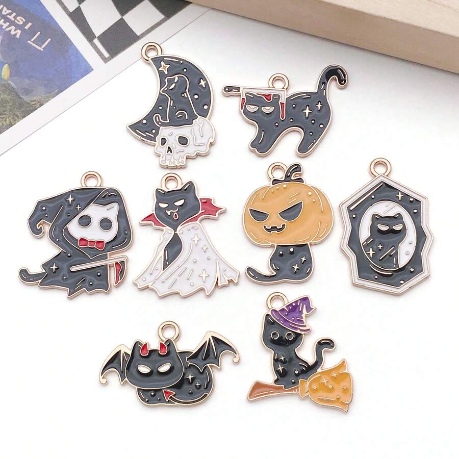 8pcs Alloy Enamel Black Skeleton Cat Halloween Pendant Jewelry Making DIY Earring Pendant Various Design Charms For Jewelry Making Bracelets Necklace - Multicolor - View 1