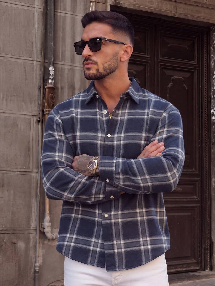 Lookun Casual Loose Fit Men's Unisex Spring Summer Autumn Winter Turn-Down Collar Long Sleeve Plaid Brand Commute Classic Button-Up Shirt - Blue - View 1