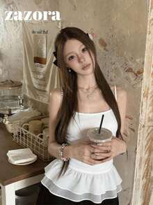 White Semi-Sheer Ruffle Trim Cami Tank Top For Women, Korean Style Summer Layering Inner Top - White - View 7