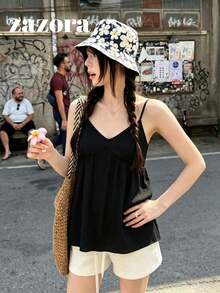 韓式休閒寬鬆V領女款細肩帶背心，夏季時尚百搭無袖黑色背心 - 黑色 - 查看 3