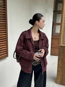 Women's Autumn Jacket, Vintage Suede Material, Vacation & Commute, Loose Collegiate Style, Casual Short Motorcycle Jacket - Burgundy - View 17