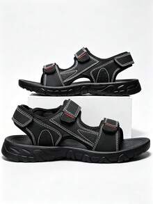 1 Pair Classic Solid Color Beach Sandals With Dual Hook And Loop Adjustable Design, Breathable, Comfortable, Casual And Versatile - Black - View 5