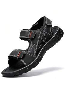 1 Pair Classic Solid Color Beach Sandals With Dual Hook And Loop Adjustable Design, Breathable, Comfortable, Casual And Versatile - Black - View 6