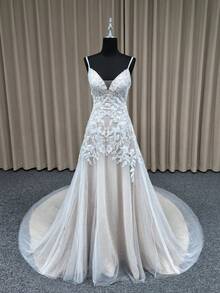 Elegant V-Neck Mesh Fabric Wedding Dress With Applique A-Line Long Gown Including Cathedral Wedding Veil Bridal Long Veil - Beige - View 4