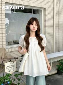甜美彼得潘領鏤空刺繡內裡短袖女版襯衫 夏季服飾 白色 - 白色 - 查看 6