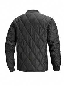 Men's Diamond Quilted Aviator Jacket, Ribbed Baseball Collar Zip-Up Lightweight Padded Outerwear, Casual Long Sleeve Jacket Suitable For Autumn/Winter Daily Wear - Black - View 4