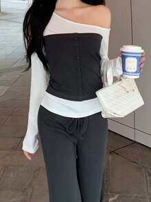 Women's Fashion 2-In-1 Asymmetric One-Shoulder Long Sleeve Top, Front Button Design, Autumn Outfit Essential - Dark Grey - View 4