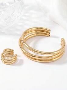 2pcs/Set Fashion Triple-Line Tubular Polished Metal Open Cuff Bracelet & Ring Jewelry Set, Suitable For Women's Daily Wear And Party Use - Gold - View 4