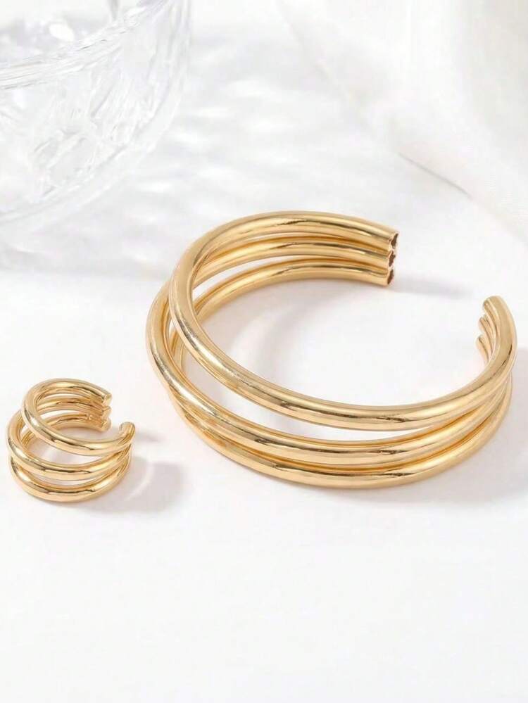 2pcs/Set Fashion Triple-Line Tubular Polished Metal Open Cuff Bracelet & Ring Jewelry Set, Suitable For Women's Daily Wear And Party Use - Gold - View 4