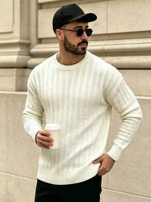 Lookun Autumn Winter Korean Style Men's New Drop Shoulder Minimalist Casual Anti-Pilling Textured Solid Color Crew Neck Pullover Knit Long Sleeve Sweater Knit Top - Apricot - View 5