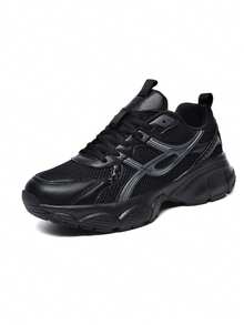 1 Pair Black Retro Casual Sports Running Basketball Shoes, Mesh Breathable Comfortable Durable Sole Shock-Absorbing Soft Bounce - Black - View 2
