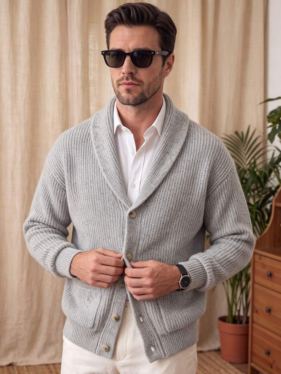 Men's Solid Color Open Front Lapel Long Sleeve Loose Fit Business Casual Commuter Double Pocket Cardigan Sweater Autumn Winter - Light Grey - View 1