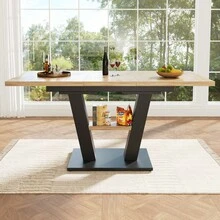 Dining Table Telescopic Table (120-160*75cm), Extendable Table, Extendable To 120-160cm With Aid Of Internal Insert Panels, Kitchen And Living Room, Dining Table With Black Marble Pattern - Black+Natural + MDF - View 2