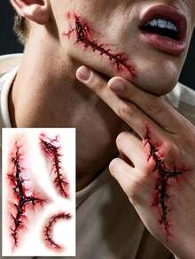3Pcs Halloween Zombie Scar Temporary Tattoo Stickers, Fake Bloody Stitched Wound Scars, Waterproof Long-Lasting Fake Tattoos, Perfect For Makeup Parties, Pranks And More - Red - View 4