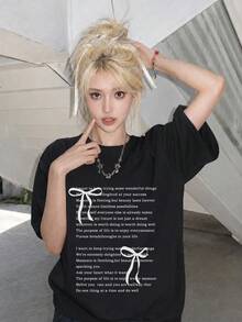 日系女式宽松圆领休闲百搭印花短袖T恤，春夏款，黑色 - 黑色 - 查看 2