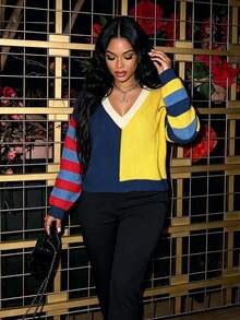 DVSLOE Women Y2K Casual Color Block Fall Winter Sweater Top, V‑Neck Long Sleeve Striped Knit Pullover For Daily Wear, Going Out, Street Style - Multicolor - View 7