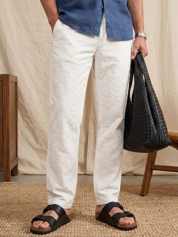 glestore Men's Vintage White Floral Jacquard Casual Pants Simple And Elegant Versatile Straight-Leg Pants For Daily Commutes And Casual Outings