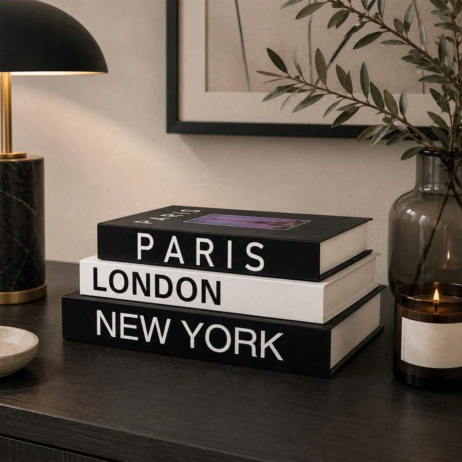 3pcs Decorative Books Set, Large, Medium, Small, Paper Realistic Fake Books, Stackable Faux Books, Desktop Fashion Decor, Home Room Aesthetic Decoration Ornament