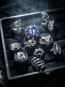 10 Pcs Vintage Gothic Punk Rings For Men Women, Adjustable Open Silver‑Tone Ring Set, Demon Eye Snake Dragon Scorpion Rings, Halloween Party Jewelry - Vintage Punk Ring - View 1